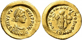 Justin I, 518-527. Tremissis (Gold, 16 mm, 1.49 g, 6 h), Constantinopolis. D N IVSTINVS P P AVG Diademed, draped and cuirassed bust of Justin I to rig...