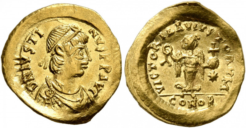 Justin I, 518-527. Tremissis (Gold, 15 mm, 1.41 g, 7 h), Constantinopolis. D N I...