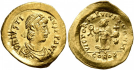 Justin I, 518-527. Tremissis (Gold, 15 mm, 1.41 g, 7 h), Constantinopolis. D N IVSTINVS P P AVI Diademed, draped and cuirassed bust of Justin I to rig...