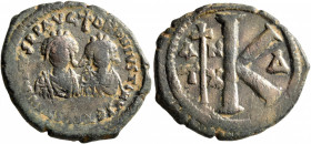 Justin I & Justinian I, 527. Half Follis (Bronze, 26 mm, 7.71 g, 11 h), Antiochia. D N D N IVSTINVS ЄT IVSTINV P P AVG Diademed, draped and cuirassed ...