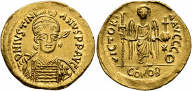 Justinian I, 527-565. Solidus (Gold, 21 mm, 4.44 g, 6 h), Constantinopolis, 527-538. D N IVSTINIANVS P P AVG Helmeted, diademed and cuirassed bust of ...