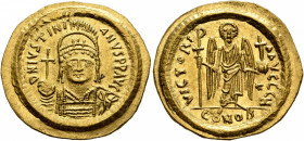 Justinian I, 527-565. Solidus (Gold, 21 mm, 4.49 g, 6 h), Constantinopolis, 545-565. D N IVSTINIANVS P P AVG Helmeted and cuirassed bust of Justinian ...