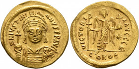 Justinian I, 527-565. Solidus (Gold, 20 mm, 4.37 g, 6 h), Constantinopolis, 545-565. D N IVSTINIANVS P P AVG Helmeted and cuirassed bust of Justinian ...