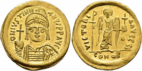 Justinian I, 527-565. Solidus (Gold, 20 mm, 4.51 g, 7 h), Constantinopolis, 545-565. D N IVSTINIANVS P P AVG Helmeted and cuirassed bust of Justinian ...