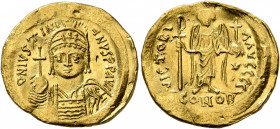 Justinian I, 527-565. Solidus (Gold, 20 mm, 4.38 g, 5 h), Constantinopolis, 545-565. D N IVSTINIANVS P P AVG Helmeted and cuirassed bust of Justinian ...