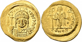 Justinian I, 527-565. Solidus (Gold, 20 mm, 4.52 g, 6 h), Constantinopolis, 545-565. D N IVSTINIANVS P P AVG Helmeted and cuirassed bust of Justinian ...