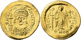 Justinian I, 527-565. Solidus (Gold, 21 mm, 4.47 g, 6 h), Constantinopolis, 545-565. D N IVSTINIANVS P P AVG Helmeted and cuirassed bust of Justinian ...