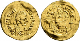 Justinian I, 527-565. Semissis (Gold, 18 mm, 2.16 g, 7 h), Constantinopolis. D N IVSTINIANVS P P AVG Pearl-diademed, draped and cuirassed bust of Just...