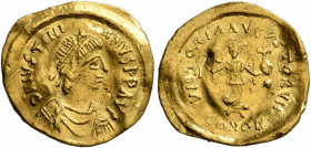 Justinian I, 527-565. Tremissis (Gold, 16 mm, 1.41 g, 6 h), Constantinopolis. D N IVSTINIANVS P P AVG Pearl-diademed, draped and cuirassed bust of Jus...