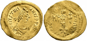 Justinian I, 527-565. Tremissis (Gold, 16 mm, 1.47 g, 6 h), Constantinopolis. D N IVSTINIANVS P P AVG Pearl-diademed, draped and cuirassed bust of Jus...