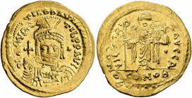 Maurice Tiberius, 582-602. Light weight Solidus of 23 Siliquae (Gold, 22 mm, 4.31 g, 6 h), Constantinopolis, 583-601. O N mAVRC TIb P P AV Draped and ...
