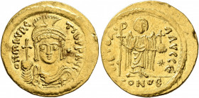 Maurice Tiberius, 582-602. Light weight Solidus of 23 Siliquae (Gold, 21 mm, 4.30 g, 7 h), Constantinopolis, 583-601. O N mAVRC TIb P P AV Draped and ...