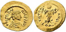 Maurice Tiberius, 582-602. Semissis (Gold, 20 mm, 2.22 g, 7 h), Constantinopolis. ο N mAVRIC P P AVI Pearl-diademed, draped and cuirassed bust of Maur...