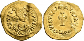 Maurice Tiberius, 582-602. Tremissis (Gold, 17 mm, 1.43 g, 7 h), Constantinopolis. o N TIbЄRI P P AVG Pearl-diademed, draped and cuirassed bust of Mau...