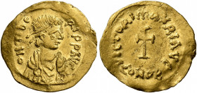 Maurice Tiberius, 582-602. Tremissis (Gold, 16 mm, 1.42 g, 6 h), Constantinopolis. o N TIbЄRI P P AVG Pearl-diademed, draped and cuirassed bust of Mau...