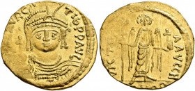 Maurice Tiberius, 582-602. Solidus (Gold, 21 mm, 4.49 g, 6 h), Theoupolis (Antiochia). O N mAVRC TIb P P AVG Draped and cuirassed bust of Maurice Tibe...