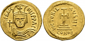 Heraclius, 610-641. Solidus (Gold, 20 mm, 4.38 g, 7 h), Constantinopolis, 610-613. d N hЄRACLIЧS P P AVG Draped and cuirassed bust of Heraclius facing...