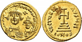 Heraclius, with Heraclius Constantine, 610-641. Solidus (Gold, 21 mm, 4.55 g, 7 h), Constantinopolis, circa 616-625. dd NN hERACLIЧS ET hERA CONST PP ...