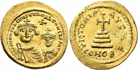 Heraclius, with Heraclius Constantine, 610-641. Solidus (Gold, 23 mm, 4.47 g, 7 h), Constantinopolis, circa 616-625. dd NN hERACLIЧS ET hERA CONST P P...