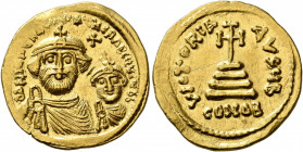 Heraclius, with Heraclius Constantine, 610-641. Solidus (Gold, 21 mm, 4.43 g, 4 h), Constantinopolis, circa 616-625. dd NN hERACLIЧS ET hERA CONST P P...