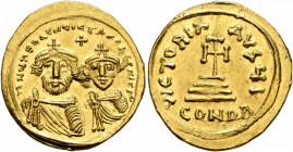 Heraclius, with Heraclius Constantine, 610-641. Solidus (Gold, 21 mm, 4.50 g, 6 h), Constantinopolis, circa 626-629. δδ NN hЄRACLIЧS ЄT hЄRA CONST PP ...