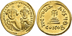 Heraclius, with Heraclius Constantine, 610-641. Solidus (Gold, 20 mm, 4.49 g, 7 h), Constantinopolis, circa 625-629. δδ NN hЄRACLIЧS ЄT hЄRA CONST PP ...