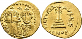Heraclius, with Heraclius Constantine, 610-641. Solidus (Gold, 20 mm, 4.39 g, 6 h), Constantinopolis, 629-631. δδ NN hЄRACLIЧS ЄT hЄRA CONST PP AV Cro...