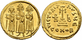 Heraclius, with Heraclius Constantine and Heraclonas, 610-641. Solidus (Gold, 20 mm, 4.49 g, 7 h), Constantinopolis, 638/639 (?). Heraclius, Heraclius...