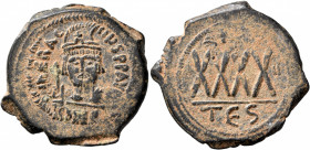Heraclius, 610-641. Follis (Bronze, 31 mm, 12.57 g, 7 h), Thessalonica, RY 2 = 611/2. d N hЄRACLIЧS P P AVG Draped and cuirassed bust of Heraclius fac...