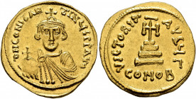 Constans II, 641-668. Solidus (Gold, 20 mm, 4.43 g, 5 h), Constantinopolis, 641-646. δ N CONSTANTINЧS P P AV' Crowned, draped and beardless bust of Co...