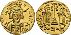 Constantine IV Pogonatus, with Heraclius and Tiberius, 668-685. Solidus (Gold, 19 mm, 4.27 g, 6 h), Constantinopolis, 668-673. δ N CTNЧS P Diademed, h...