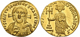 Justinian II, first reign, 685-695. Solidus (Gold, 20 mm, 4.52 g, 6 h), Constantinopolis, 692-695. IҺS CRISTOS RЄX RЄSNANTIЧM Draped bust of Christ fa...