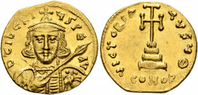 Tiberius III (Apsimar), 698-705. Solidus (Gold, 20 mm, 4.40 g, 7 h), Constantinopolis. D TIbЄRIЧS PЄ AV Draped and cuirassed bust of Tiberius III faci...