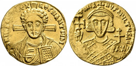 Justinian II, second reign, 705-711. Solidus (Gold, 19 mm, 4.39 g, 6 h), Constantinopolis, 705. δ N IҺS CҺS RЄX RЄGNANTIЧM Draped bust of Christ facin...
