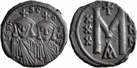 Leo V the Armenian, with Constantine, 813-820. Follis (Bronze, 21 mm, 4.52 g, 6 h), Constantinopolis. LЄOҺ S COҺST Facing busts of Leo V and Constanti...