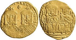 Constantine V Copronymus, with Leo IV, 741-775. Solidus (Gold, 20 mm, 4.39 g, 5 h), Constantinopolis, circa 751-757. COҺSTAҺTIҺOS S LЄOҺ O ҺЄOS Crowne...