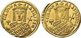 Irene, 797-802. Solidus (Gold, 21 mm, 4.41 g, 5 h), Constantinopolis. ЄIRIҺH bASILISSH Crowned bust of Irene facing, wearing loros, holding globus cru...