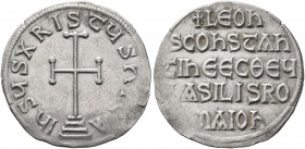 Leo V the Armenian, with Constantine, 813-820. Miliaresion (Silver, 23 mm, 2.24 g, 12 h), Constantinopolis. IҺSЧS XRISTЧS ҺICA Cross potent set on thr...