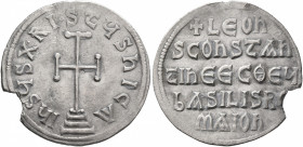Leo V the Armenian, with Constantine, 813-820. Miliaresion (Silver, 23 mm, 2.06 g, 12 h), Constantinopolis. IҺSЧS XRISTЧS ҺICA Cross potent set on thr...