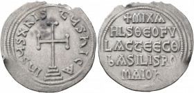 Michael II the Amorian, with Theophilus, 820-829. Miliaresion (Silver, 23 mm, 2.17 g, 12 h), Constantinopolis. IҺSЧS XRISTЧS ҺICA Cross potent set on ...