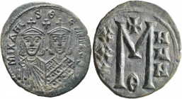 Michael II the Amorian, with Theophilus, 820-829. Follis (Bronze, 32 mm, 8.12 g, 7 h), Constantinopolis. MIXAHL S ΘЄOFILOS Facing busts of Michael II,...