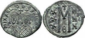 Michael II the Amorian, with Theophilus, 820-829. Follis (Bronze, 32 mm, 8.29 g, 7 h), Constantinopolis. MIXAHL S ΘЄOFILOS Facing busts of Michael II,...