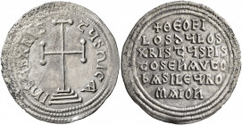 Theophilus, 829-842. Miliaresion (Silver, 27 mm, 3.05 g, 1 h), Constantinopolis, circa 830/1-838. IҺSЧS XRISTЧS ҺICA Cross potent set on three steps. ...
