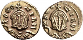 Theophilus, 829-842. Semissis (Electrum, 13 mm, 1.71 g, 6 h), Syracuse, circa 829-830. ΘЄOFIΛOS Facing bust of Theophilus, wearing crown surmounted by...