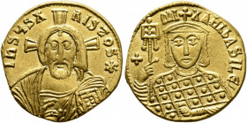 Michael III "the Drunkard", 842-867. Solidus (Gold, 20 mm, 4.31 g, 6 h), Constantinopolis, 856-867. IҺSЧS XRISTOS✱ Half-length bust of Christ Pantokra...