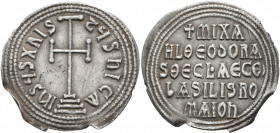 Michael III "the Drunkard", with Theodora and Thecla, 842-867. Miliaresion (Silver, 24 mm, 2.00 g, 12 h), Constantinopolis, 842-856. IҺSЧS XRISTЧS ҺIC...