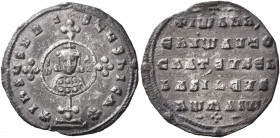 John I Zimisces, 969-976. Miliaresion (Silver, 21 mm, 2.15 g, 12 h), Constantinopolis. +IҺSЧS XRISTЧS ҺICA✷ Cross crosslet set upon globe above two st...