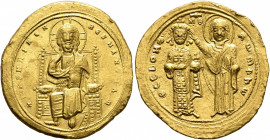 Romanus III Argyrus, 1028-1034. Histamenon (Gold, 25 mm, 4.47 g, 7 h), Constantinopolis. +IҺS XIS RЄX RЄςNANTIҺm Christ, nimbate, seated facing on squ...