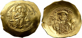 Michael VII Ducas, 1071-1078. Histamenon (Gold, 28 mm, 4.41 g, 6 h), Constantinopolis. Christ, nimbate, seated facing on square-backed throne, wearing...