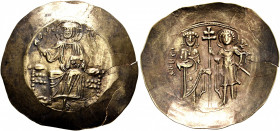 John II Comnenus, 1118-1143. Aspron Trachy (Electrum, 30 mm, 3.13 g, 6 h), Constantinopolis. Christ seated facing on throne without back, wearing pall...